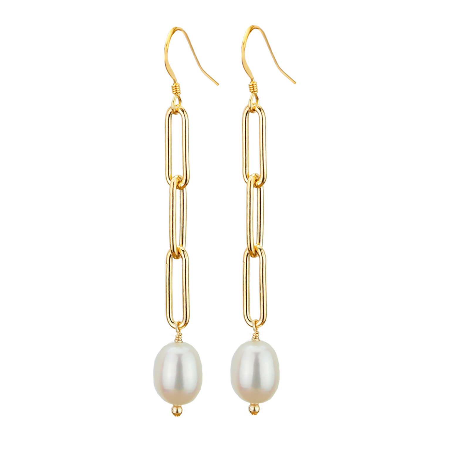 "Elegant Pearl Dangles on Gold Chain - Long White Earrings"