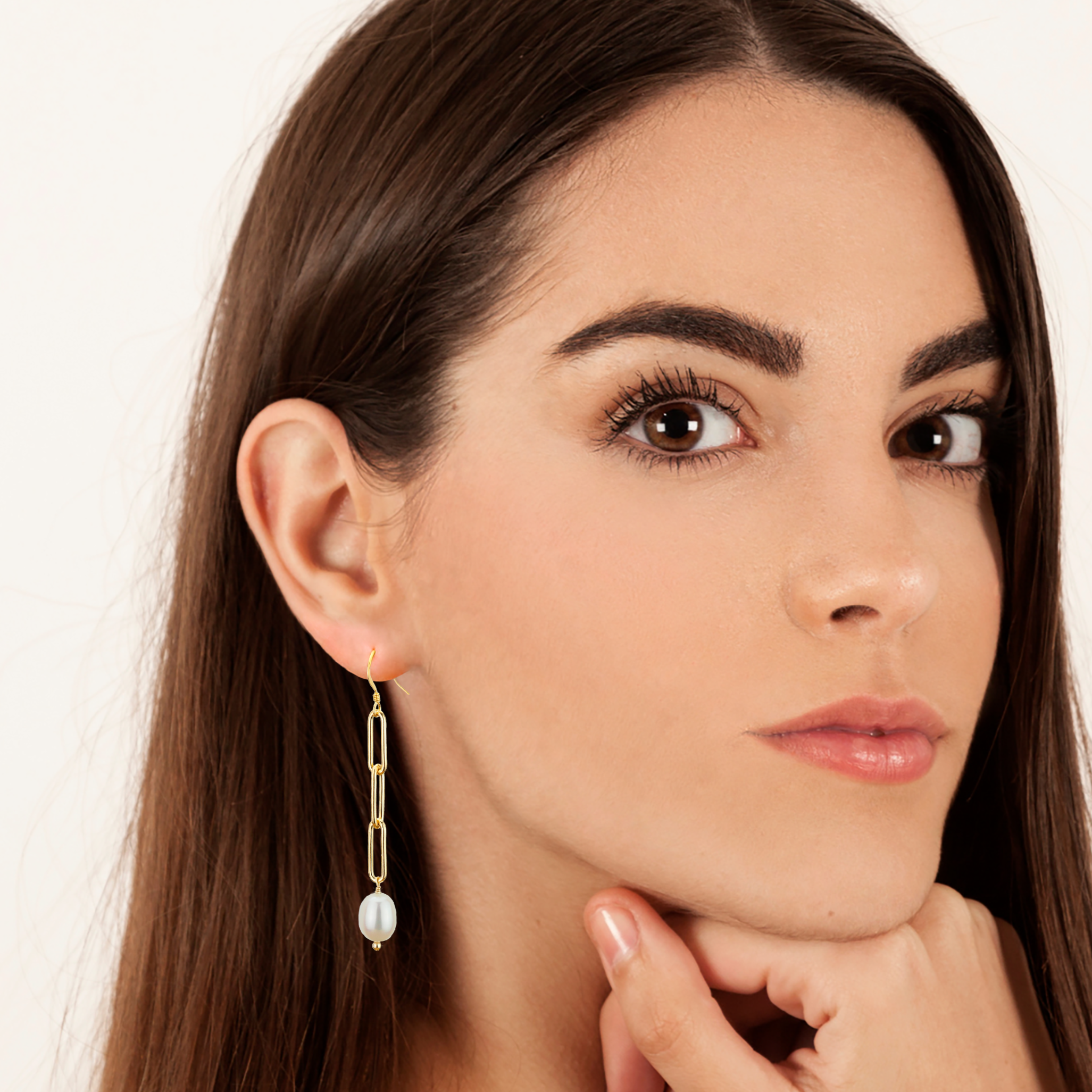 "Elegant Pearl Dangles on Gold Chain - Long White Earrings"