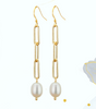 "Elegant Pearl Dangles on Gold Chain - Long White Earrings"