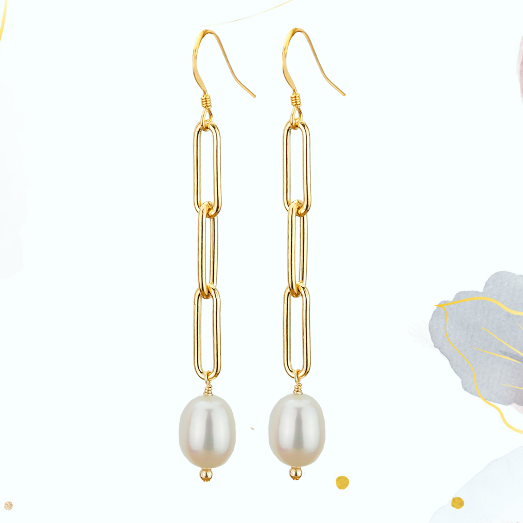 "Elegant Pearl Dangles on Gold Chain - Long White Earrings"