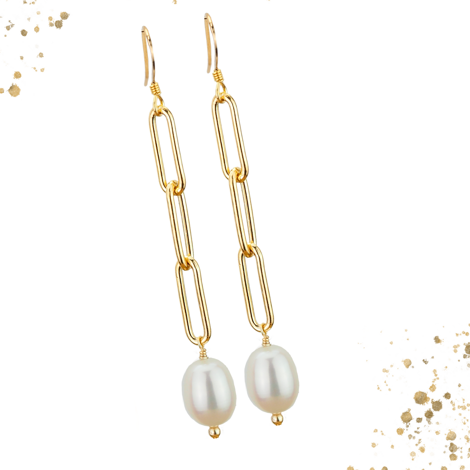 "Elegant Pearl Dangles on Gold Chain - Long White Earrings"