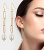 "Elegant Pearl Dangles on Gold Chain - Long White Earrings"