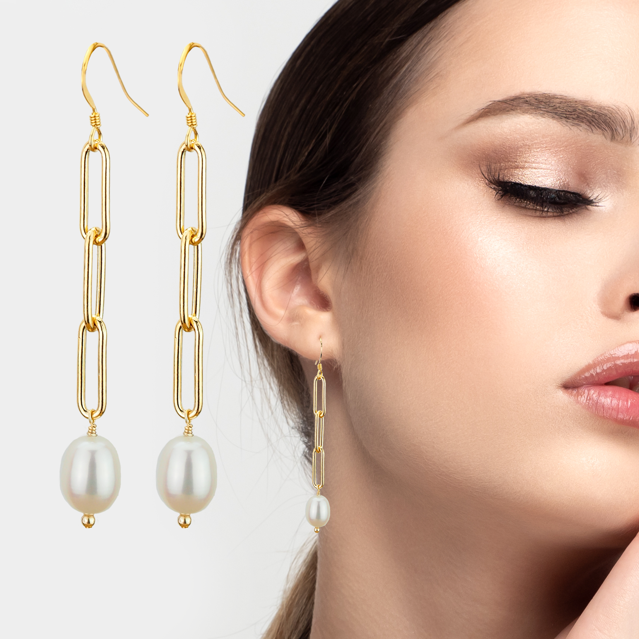 "Elegant Pearl Dangles on Gold Chain - Long White Earrings"