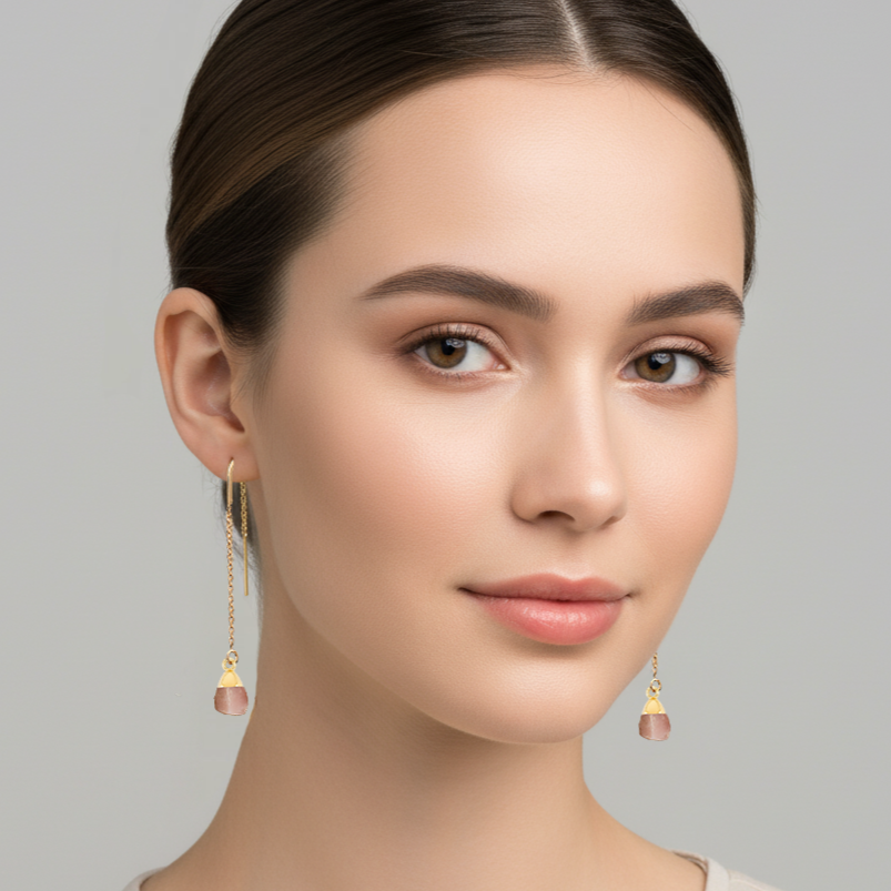 Elegant Pink Opal Threader Earrings | Dangle Crystal Jewelry for October Birthdays