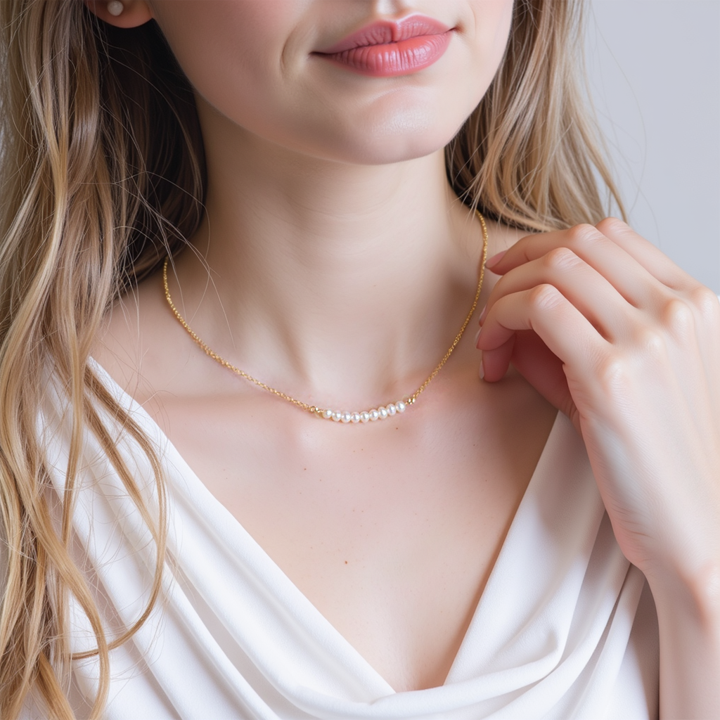 Bridesmaid Gift Necklace - Dainty Pearl Choker, Gold Bar Necklace & Freshwater Pearl Jewelry
