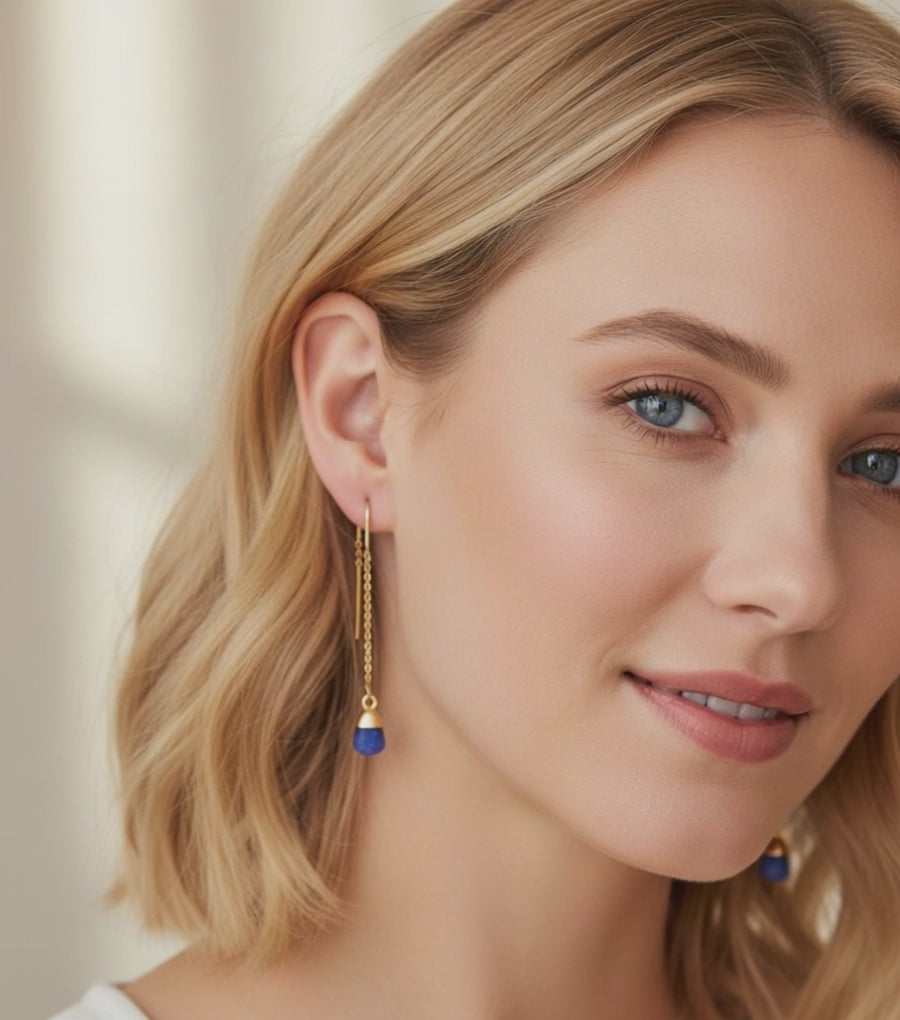 Raw Sapphire Threader Earrings - Crystal Dangle September Birthstone Jewelry