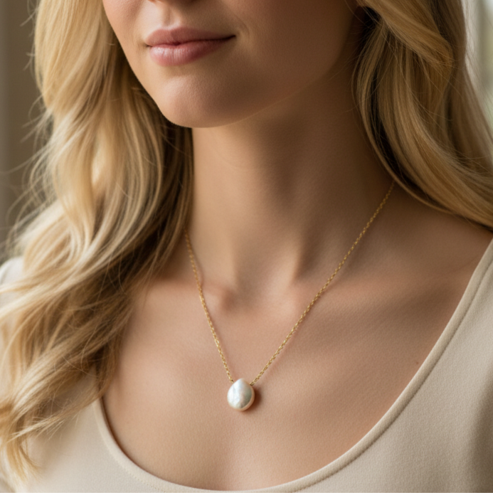 Model wearing a gold necklace with a pearl pendant