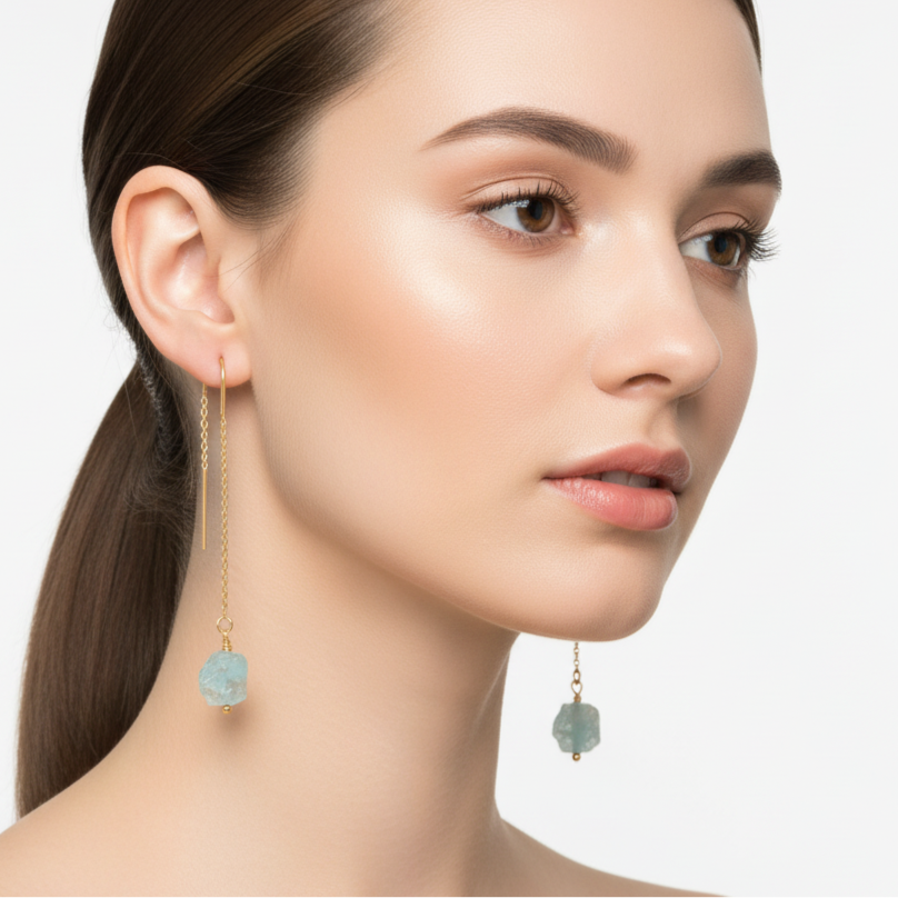 Raw Aquamarine Earrings - Minimalist Threader Style