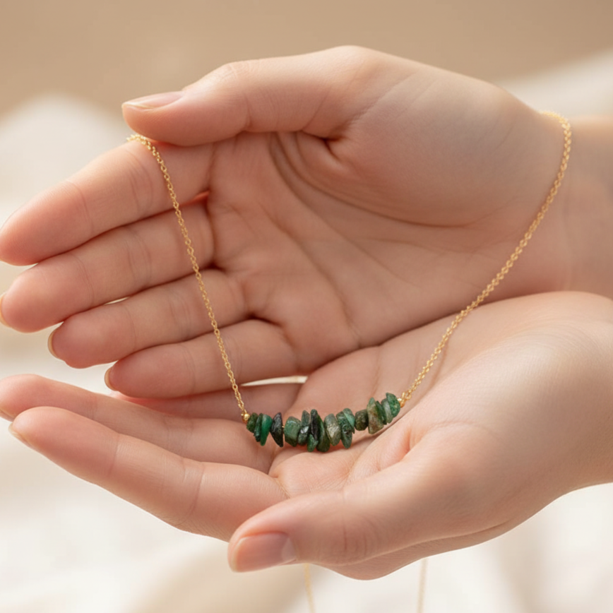 Natural Raw Emerald Bar Necklace - May Birthstone Gemstone Layering Jewelry